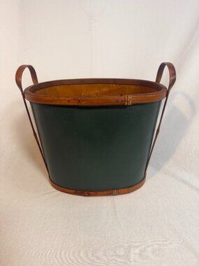 Antique Bentwood Magazine Basket Rattan Handle Green Accent Early Country Tote
